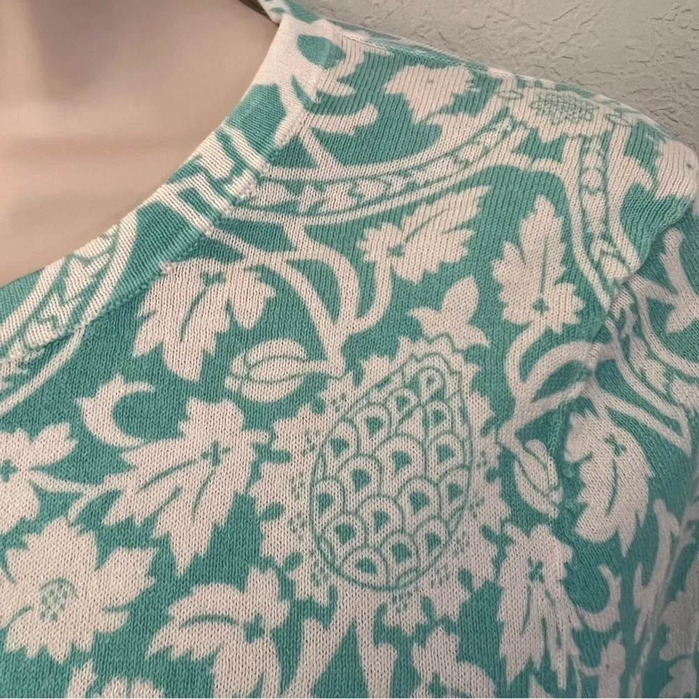 𝅺ann Taylor LOFT teal & white detailed button up sweater, S, floral pineapples. - Picture 9 of 13